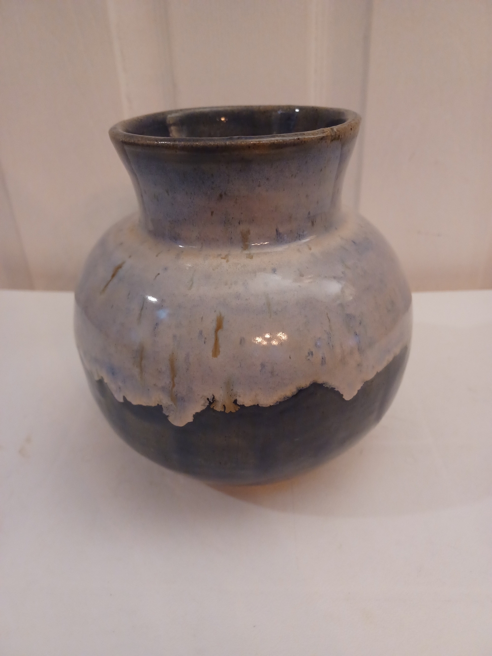 Signed Studio Pottery Bulbous Vase Blue & Cream Drip Glaze MCM Farmhouse Rustic